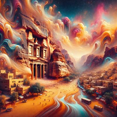 The primary subject of the image is a large, colorful painting of a city with a prominent rock formation, possibly a mountain or a large building. The setting is a desert-like environment, with a sandy surface and a sky visible in the background. The visual style of the painting is a mix of digital art and illustration, creating a vibrant and dynamic scene. The colors and mood of the painting are lively and energetic, with a strong focus on the contrast between the rock formation and the surrounding desert landscape.